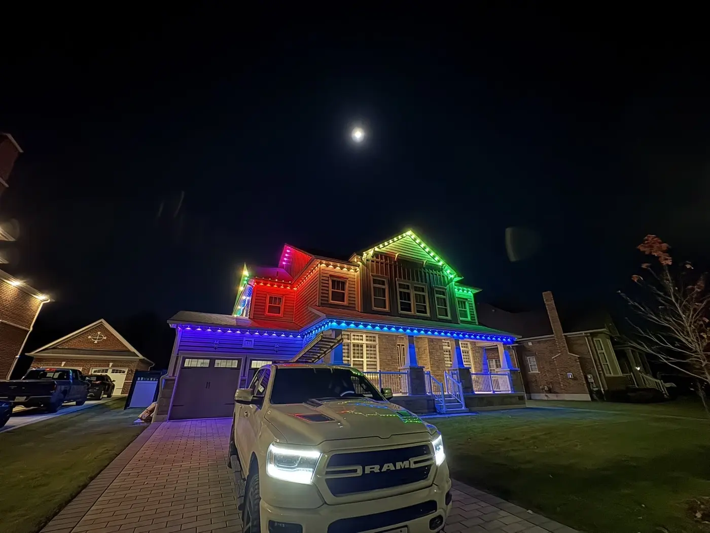 Colour-changing permanent outdoor lights installed on a GTA home